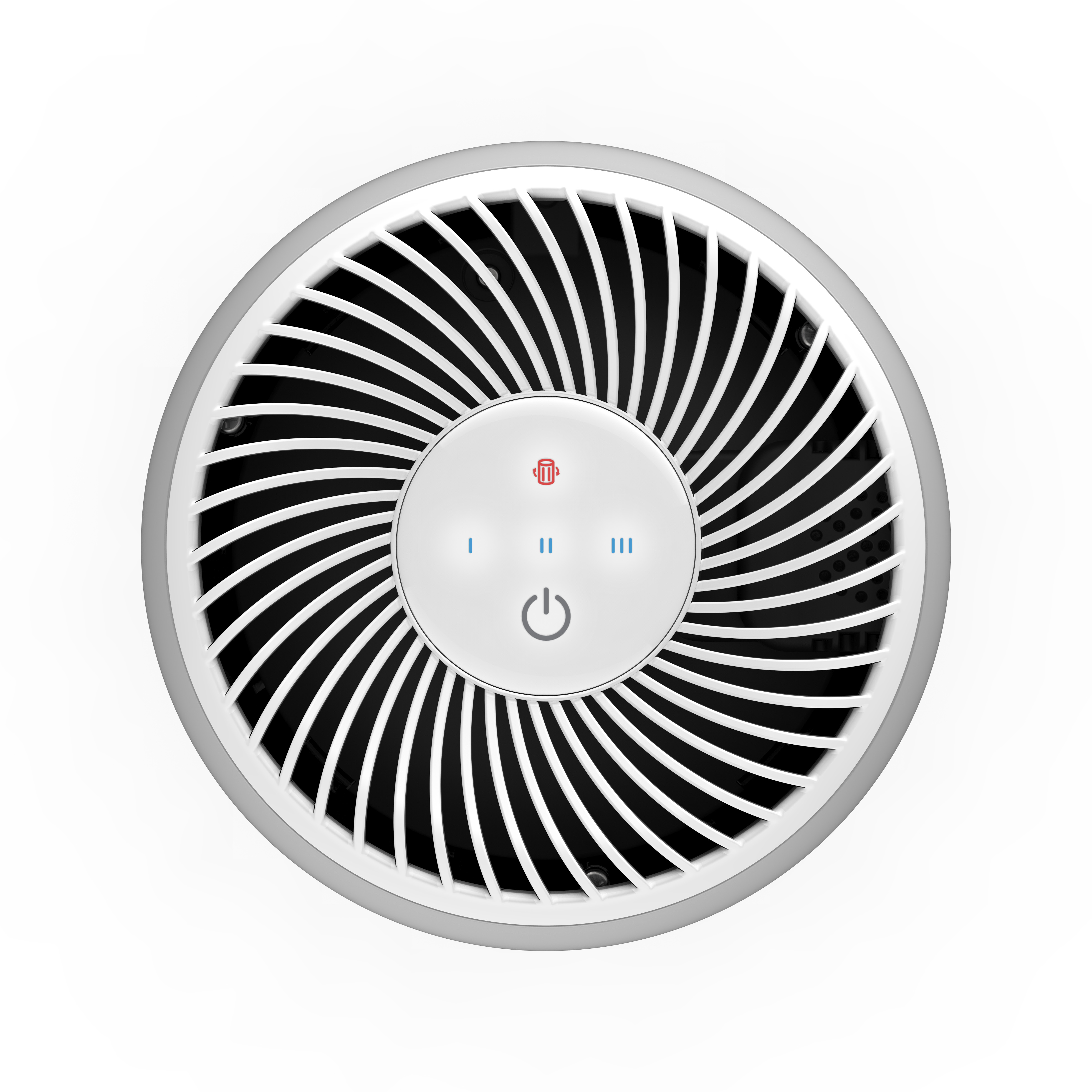 Draufsicht auf einen weißen und grauen Luftreiniger mit Spiralventilator und Bedienfeld.