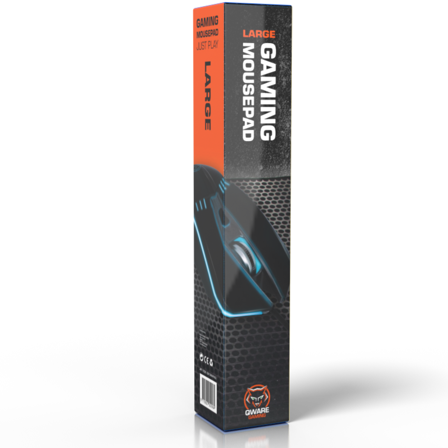 Een gamingmuis en een grote muismat in een doos. De achtergrond is zwart.
