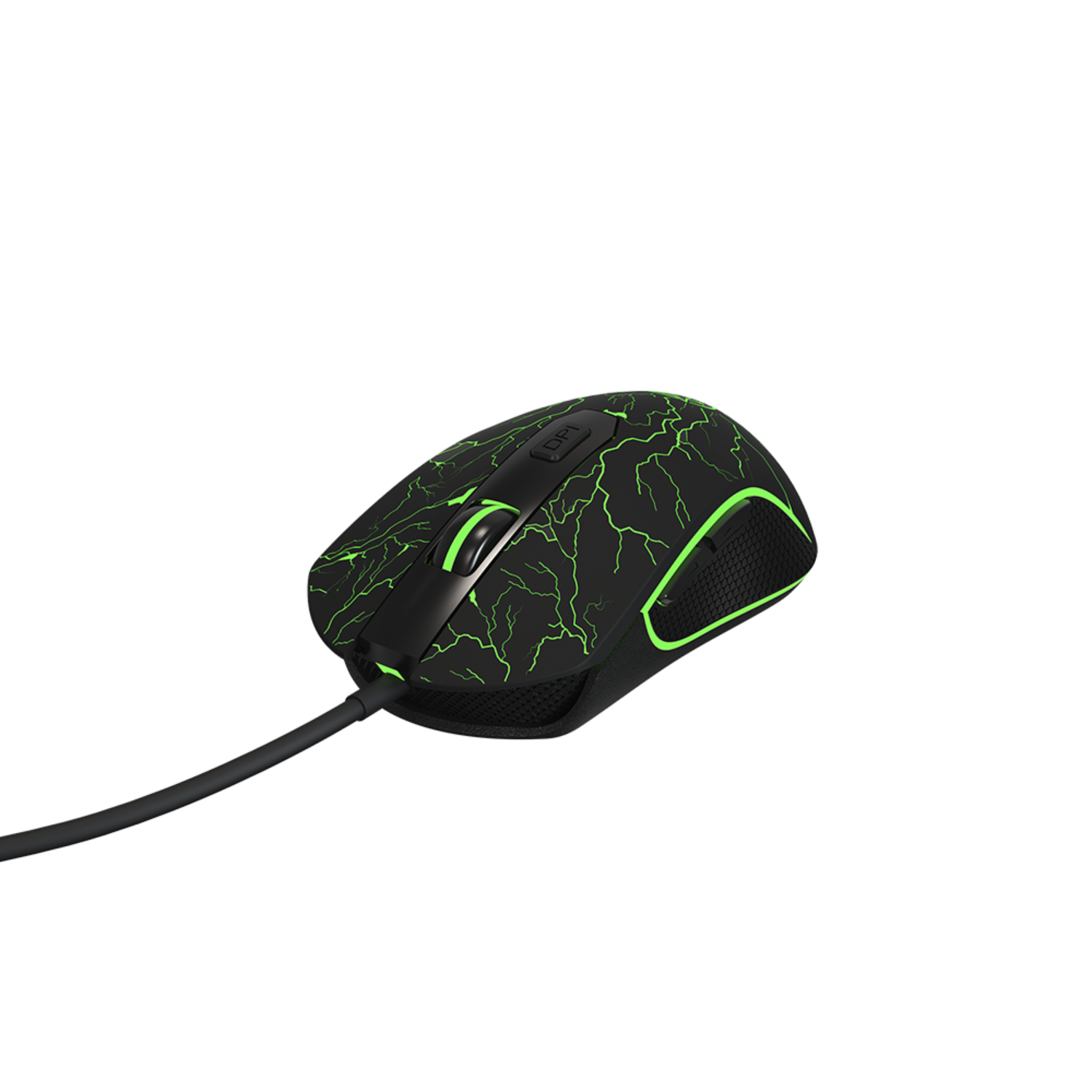 Zwarte gamingmuis met groen bliksemdesign en groene accenten. Met een USB-kabel bevestigd.