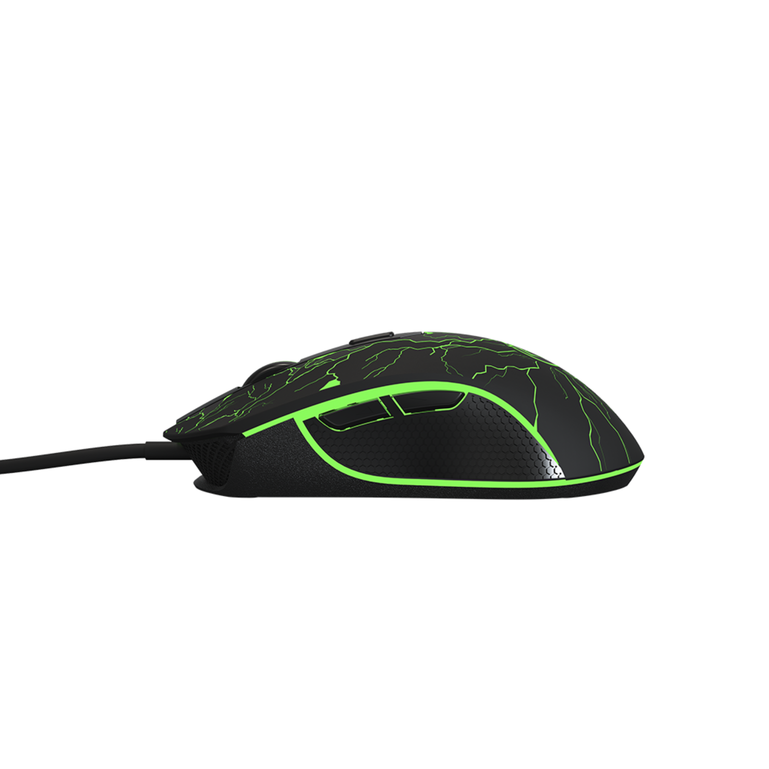 Zwarte gamingmuis met groene accenten. Muis toont groene lichten en een gestructureerd oppervlak.