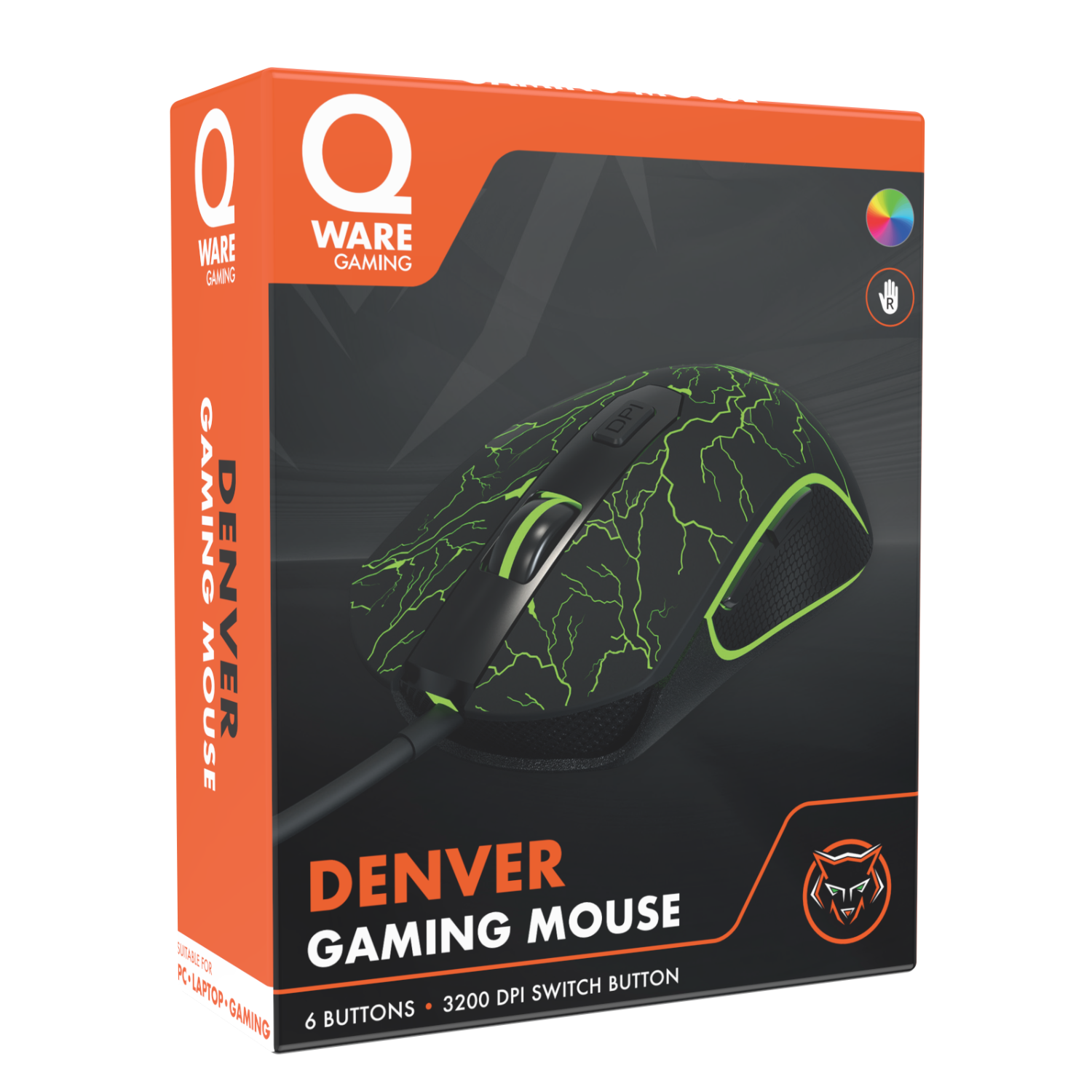 Gamingmuis in doos. Muis is zwart met groen bliksemontwerp. Doos heeft een logo en tekst.
