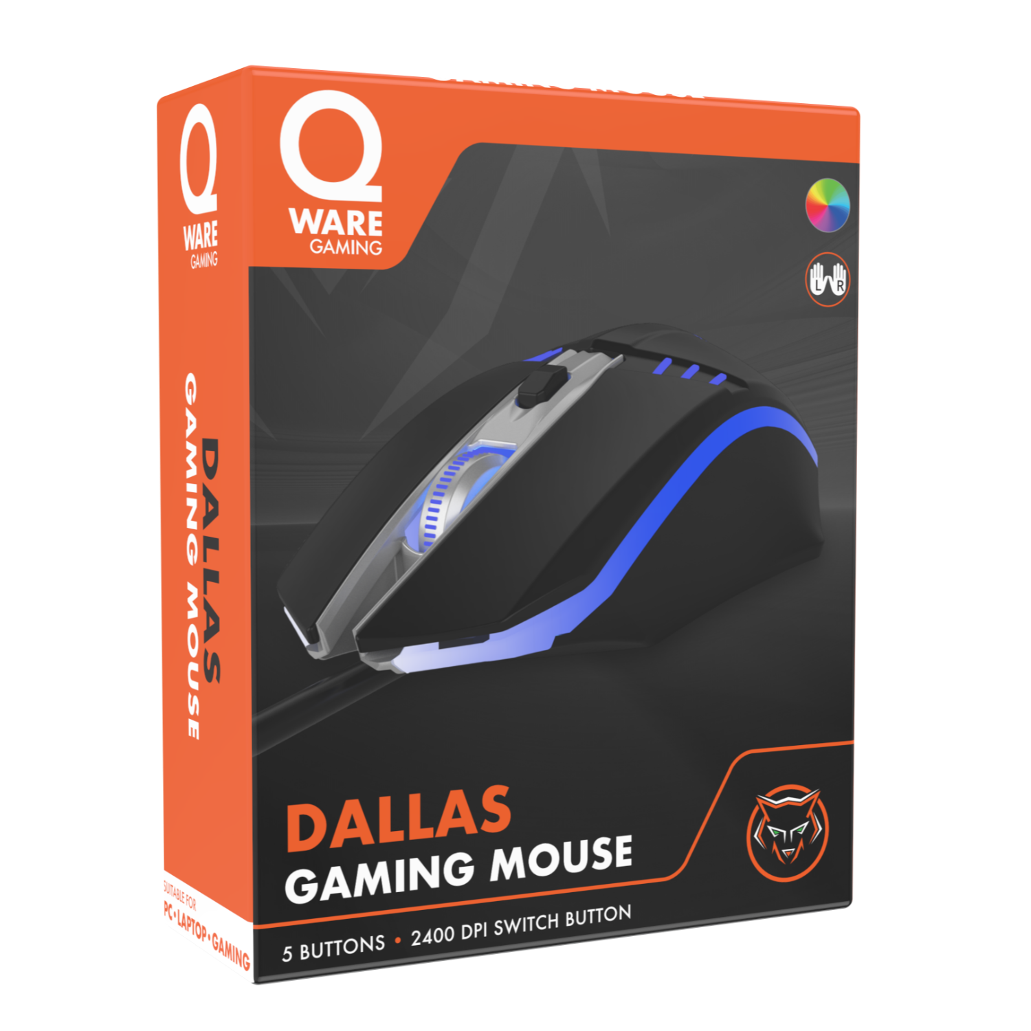 A black and blue gaming mouse in its box, labeled 'DALLAS' and 'WARE GAMING'.
