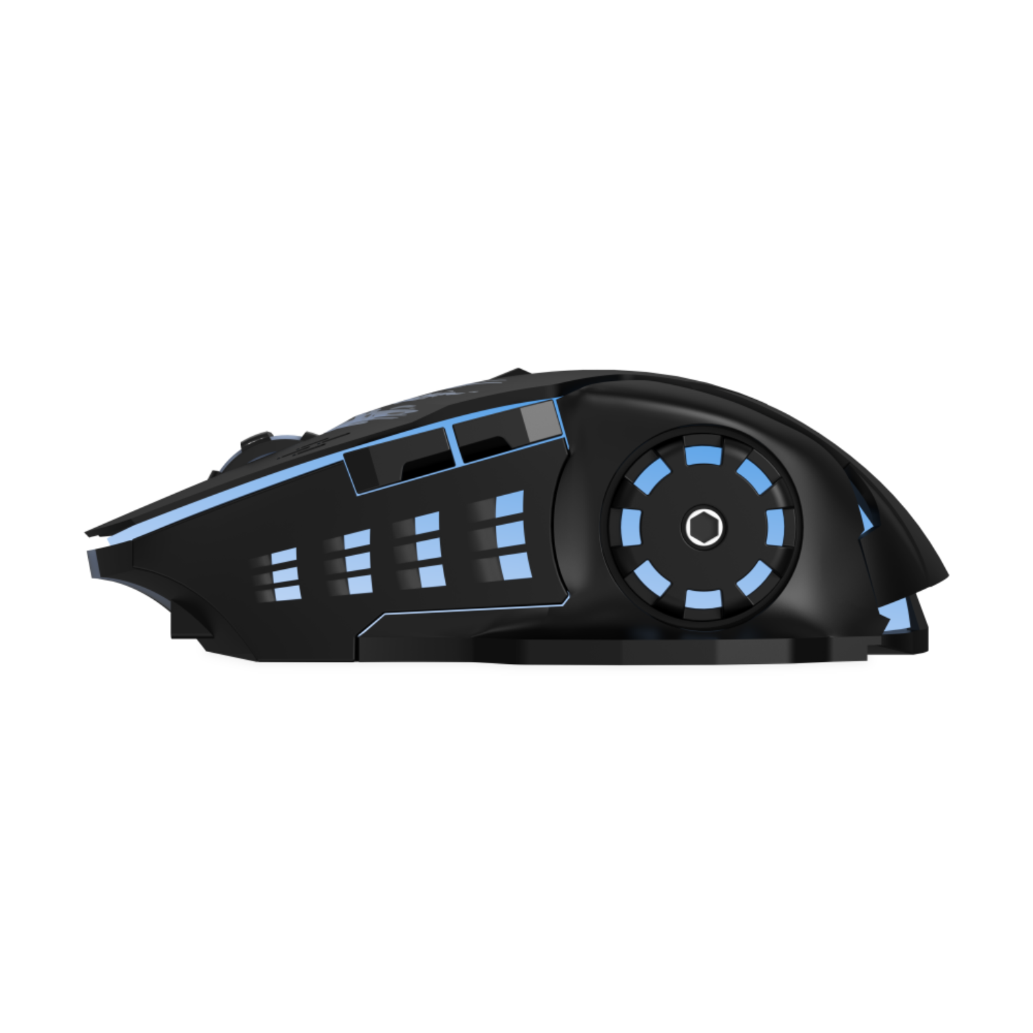 Zijaanzicht van een zwarte gamingmuis met blauwe lichten en een futuristisch ontwerp. Op zwarte achtergrond.