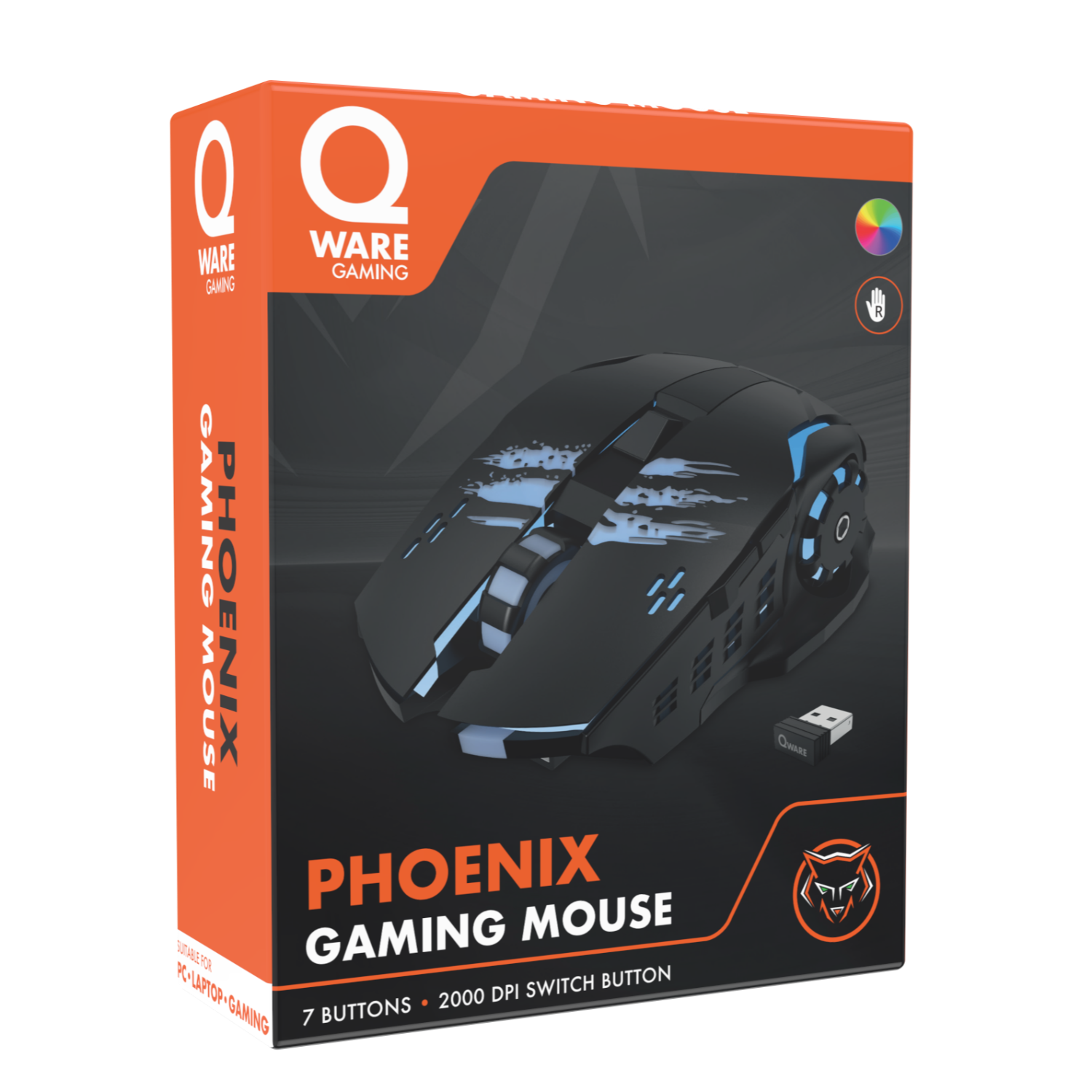 Gamingmuis in doos, zwart met blauwe accenten, USB-dongle en Q-Ware-logo.