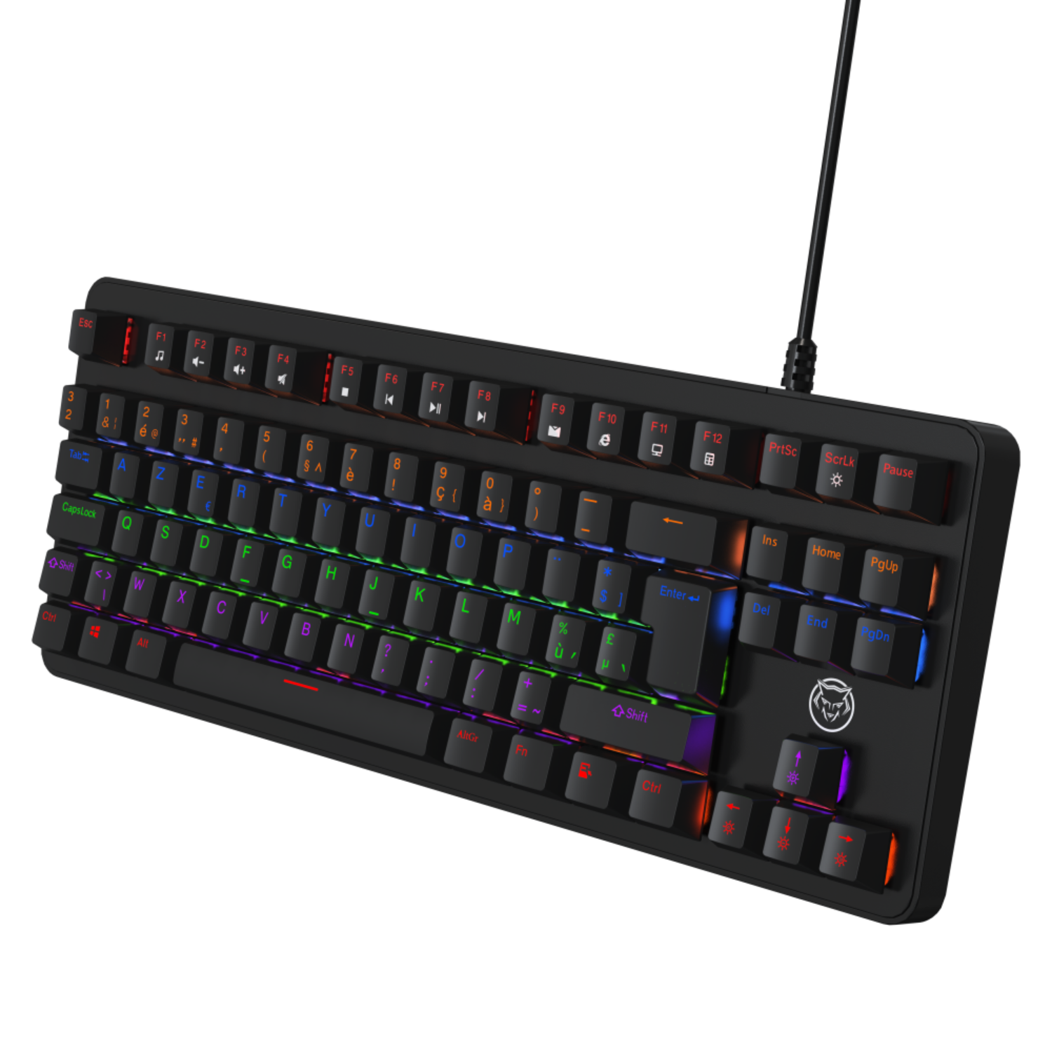 Black mechanical keyboard with colorful backlit keys. The keyboard has a cable connected and is isolated on a black background.