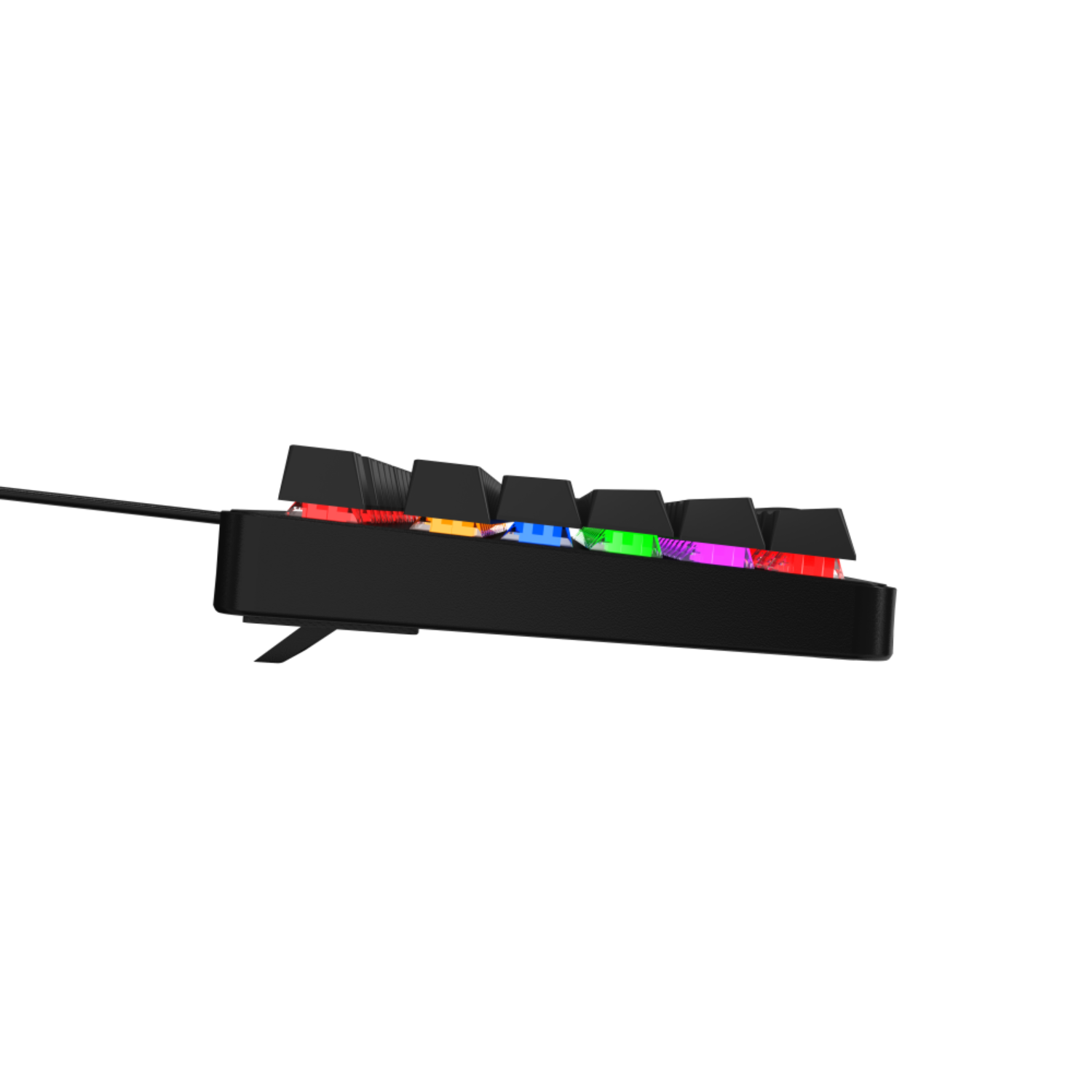 Black keyboard side view, with colorful keys. Black background.