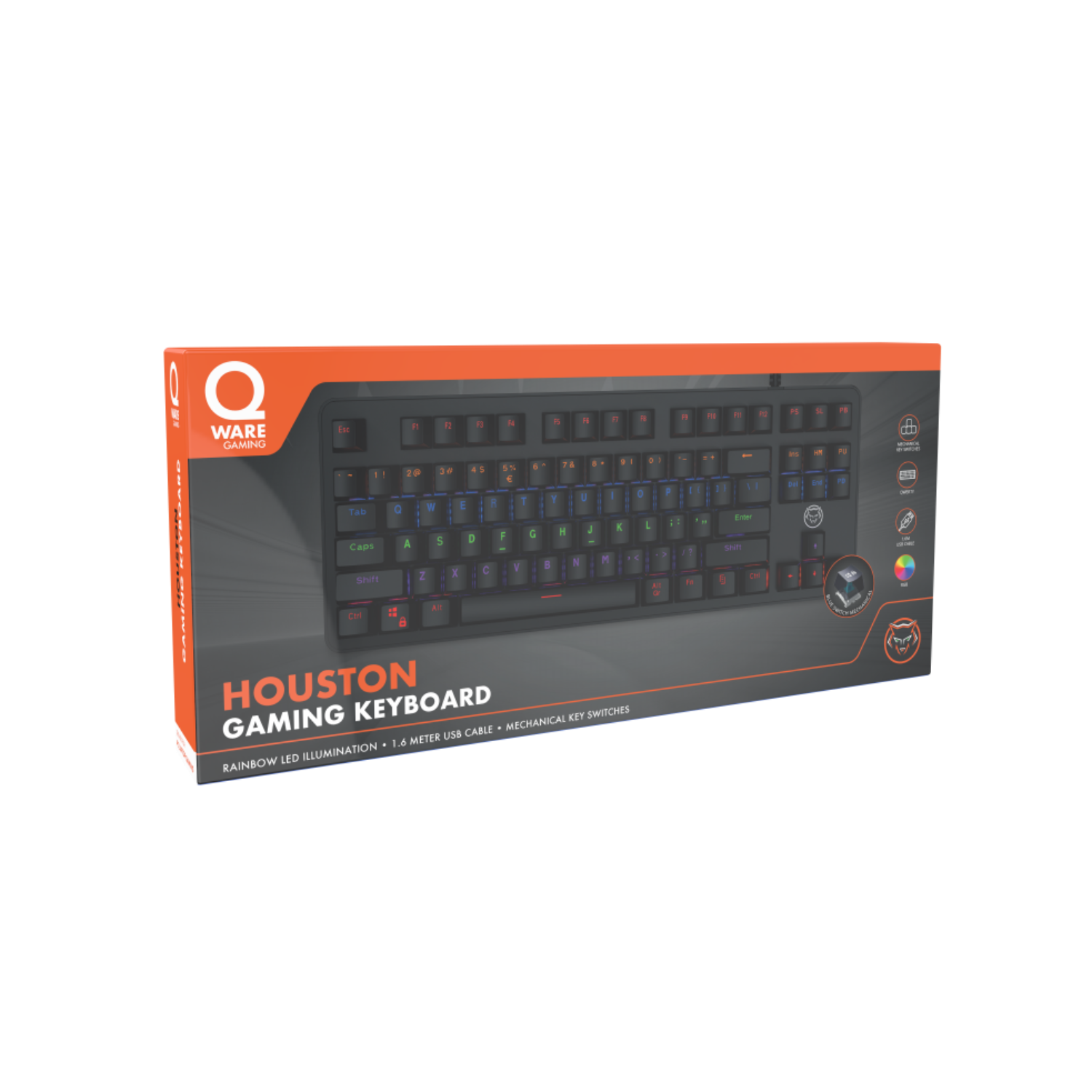 A gaming keyboard inside a box. The box has colorful details. The background is black.