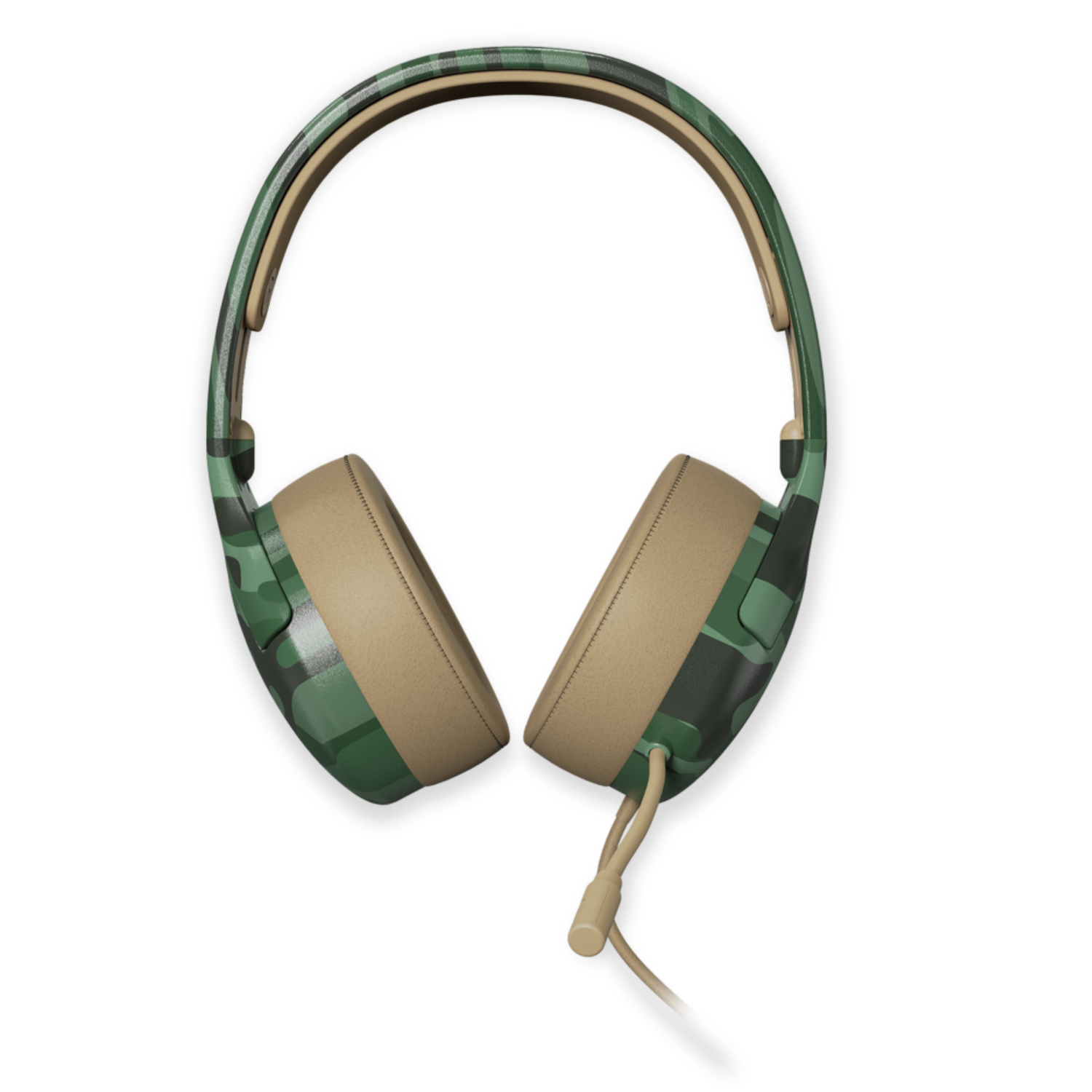 Bovenaanzicht van een groene en beige camouflage koptelefoon tegen een zwarte achtergrond.
