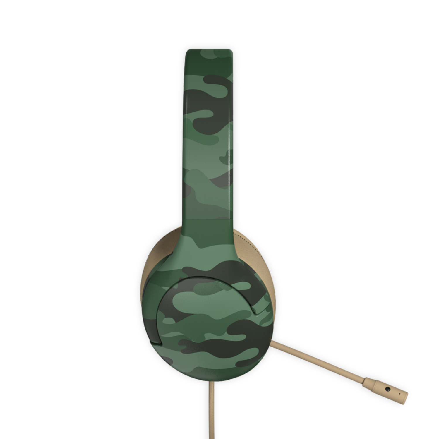 Hoofdtelefoon met groen camouflagepatroon op de band, beige oorschelpen en een microfoon.