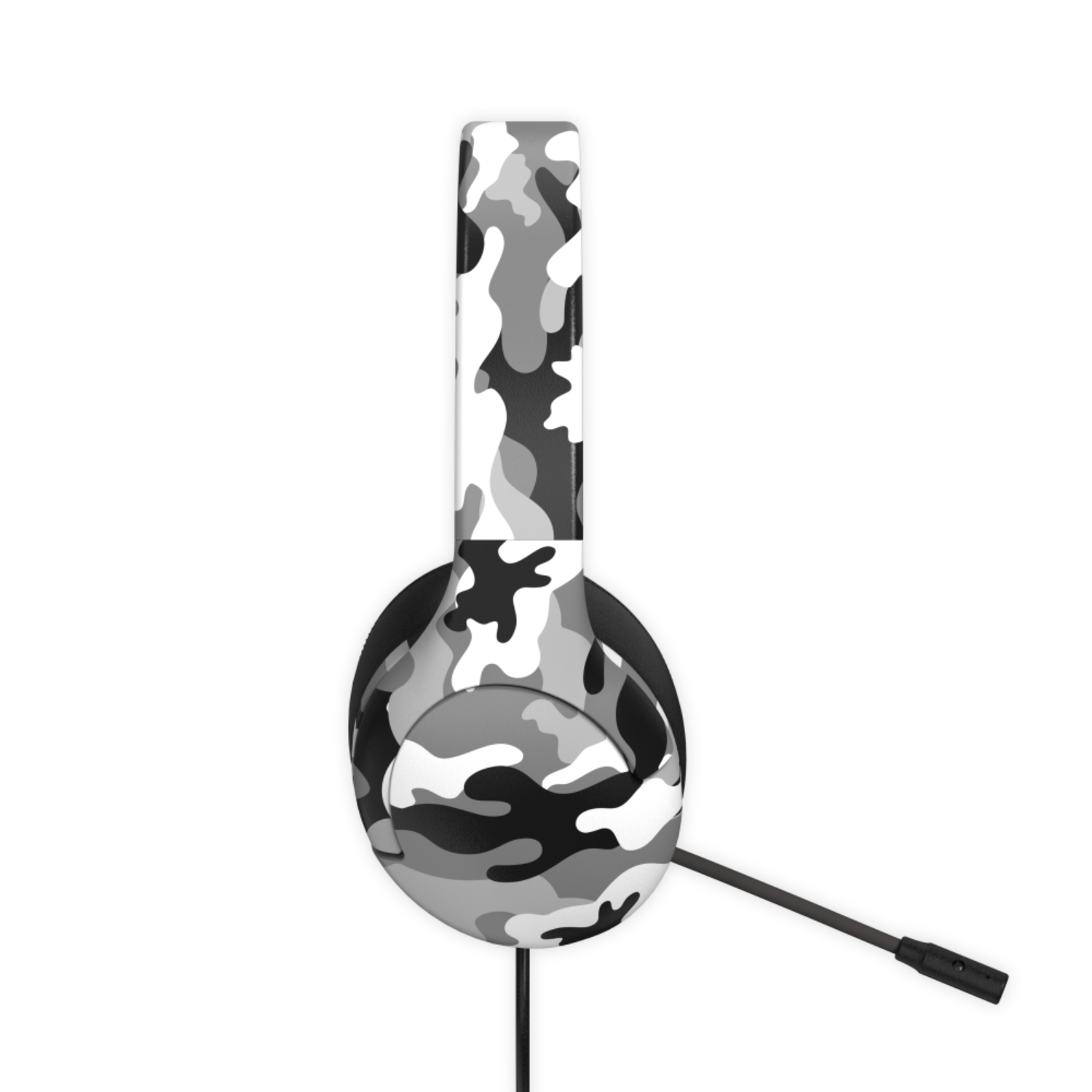 Camouflage-hoofdtelefoon met microfoon. De hoofdtelefoon staat tegen een zwarte achtergrond.