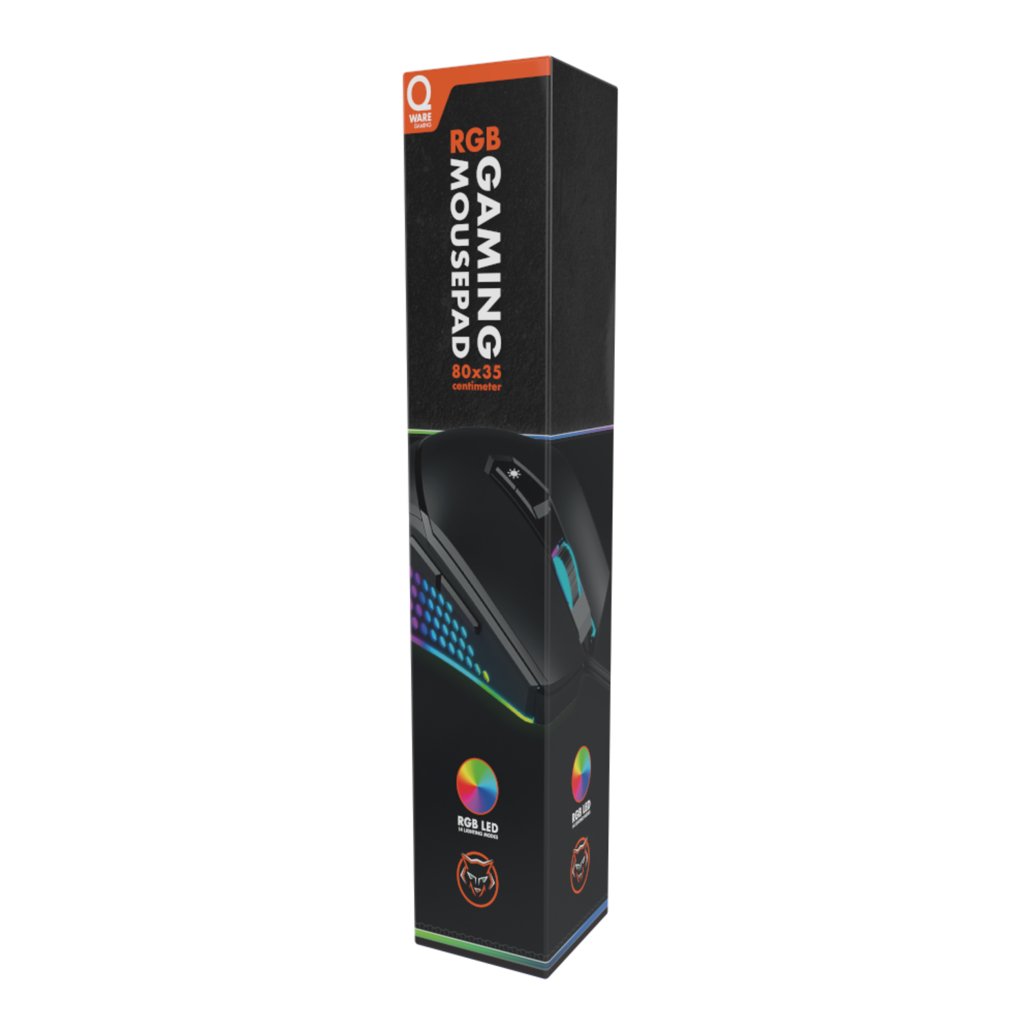 Een muismatdoos met een gaming muisontwerp en RGB-verlichtingsdetails.