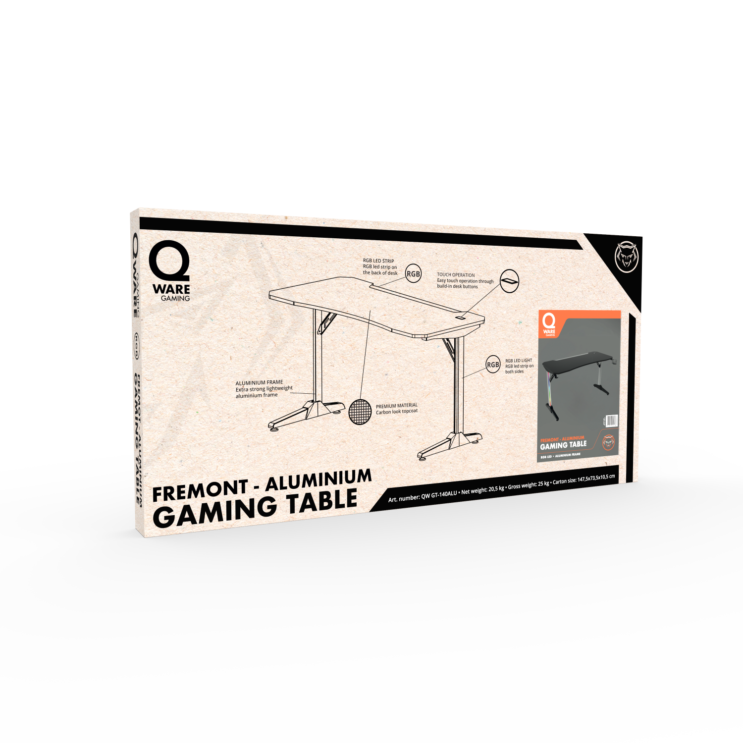 Doos van Fremont aluminium gamingtafel. Tekst en grafische details van de tafel, op witte achtergrond.