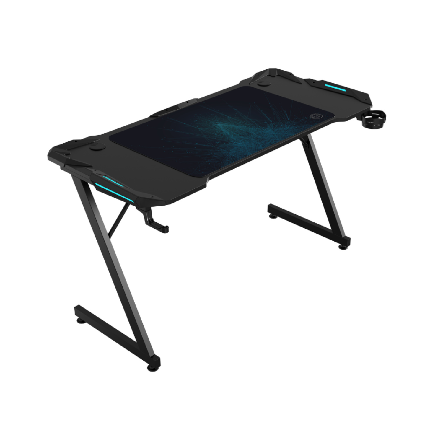 Zwarte gamingtafel met blauwe accenten, een muismat en een bekerhouder. Z-vormige poten.
