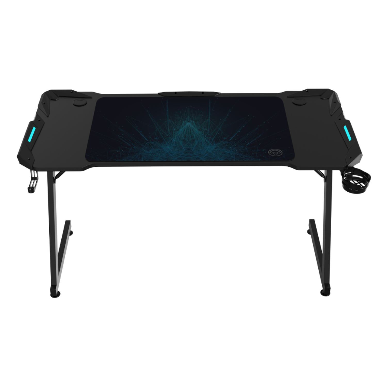 Een zwart gamingbureau met een blauw design muismat en bekerhouder.
