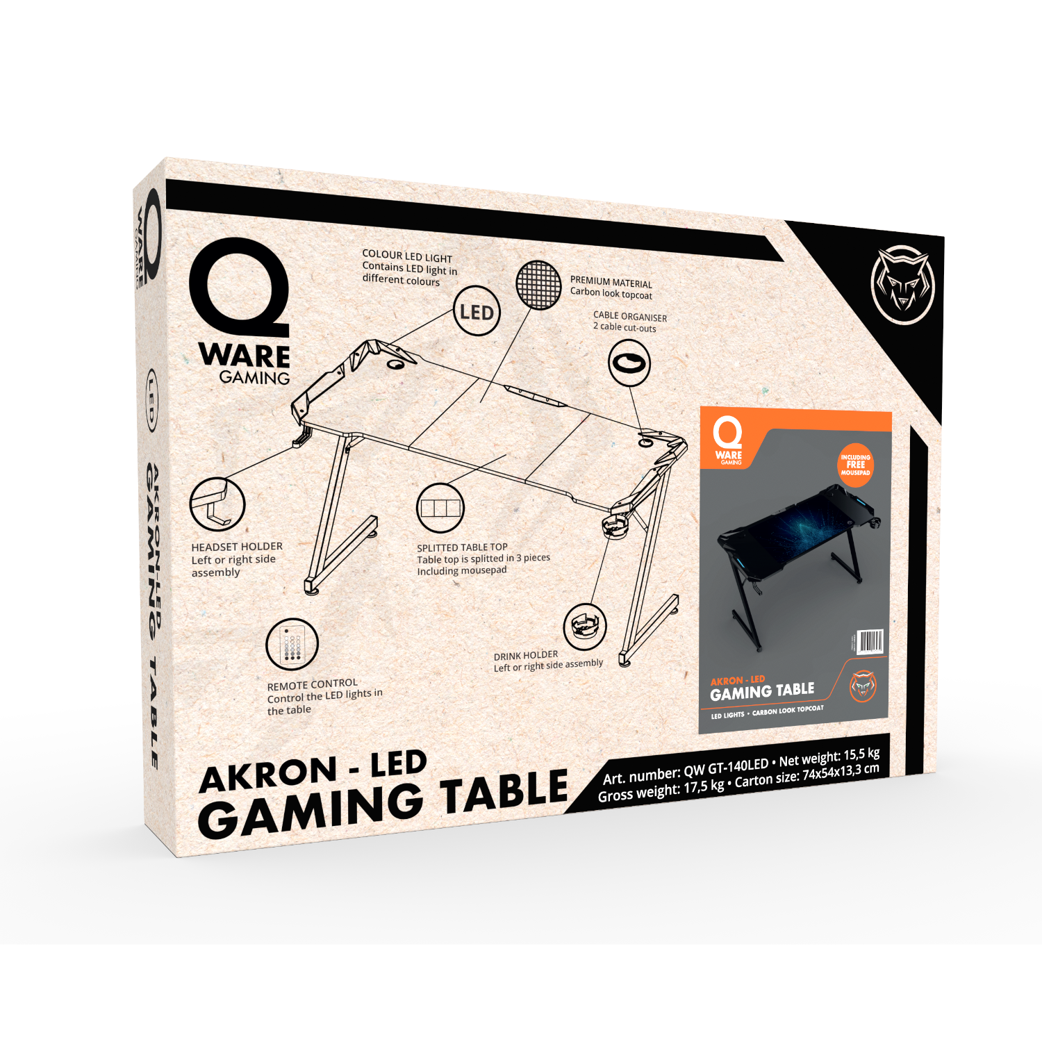 Gamingtafeldoos, witte achtergrond. Toont tafel, headsethouder en andere gamingaccessoires, met tekst.