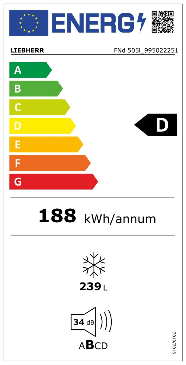 Energia cimke egy Liebherr hűtőszekrényhez, D energiahatékonysági besorolással.