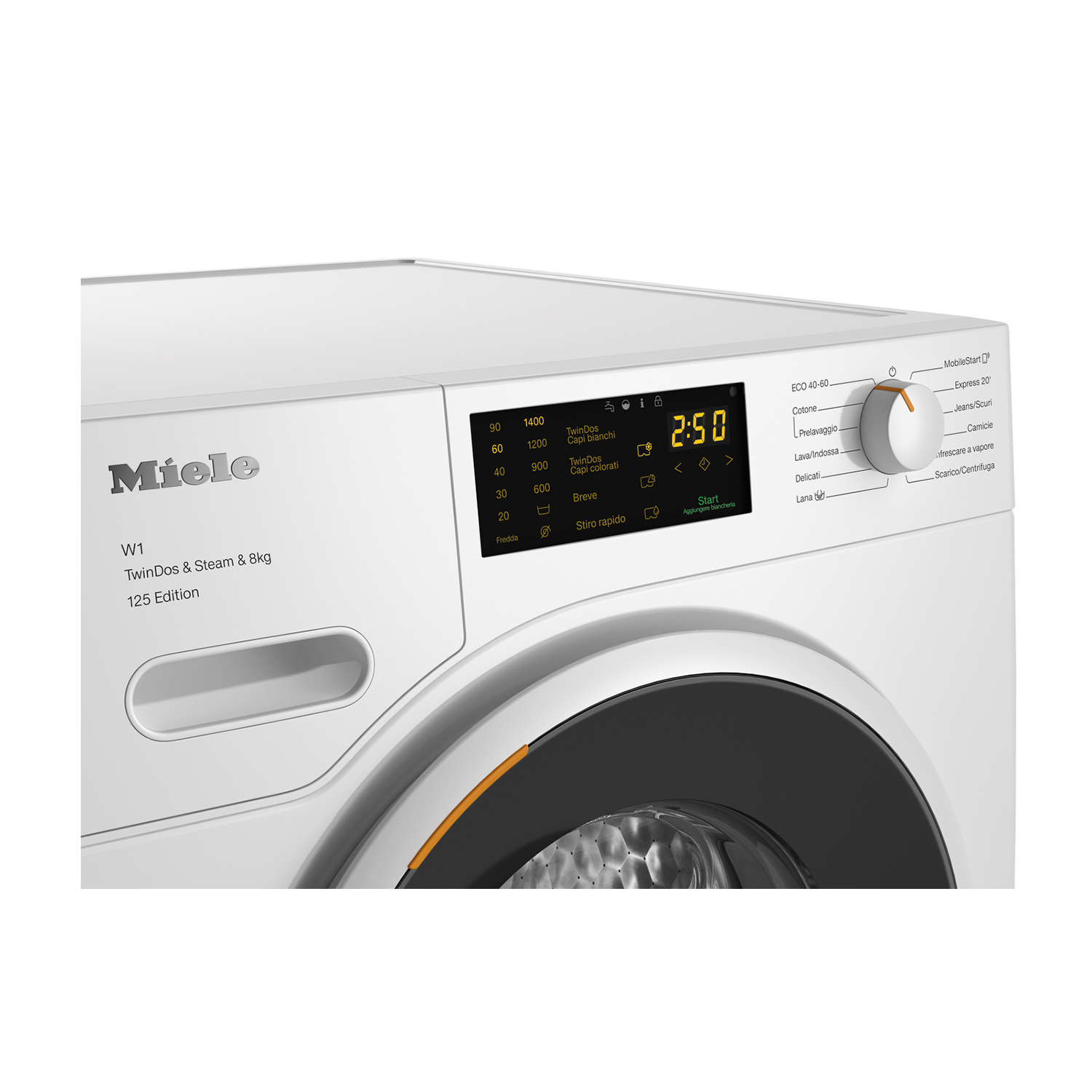 Pannello di controllo della lavatrice Miele bianco con display digitale e timer.