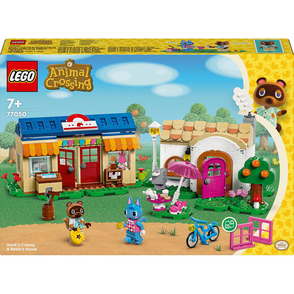 Lego Animal Crossing Set: Zwei Gebäude, Charaktere und Zubehör auf gelbem Hintergrund.