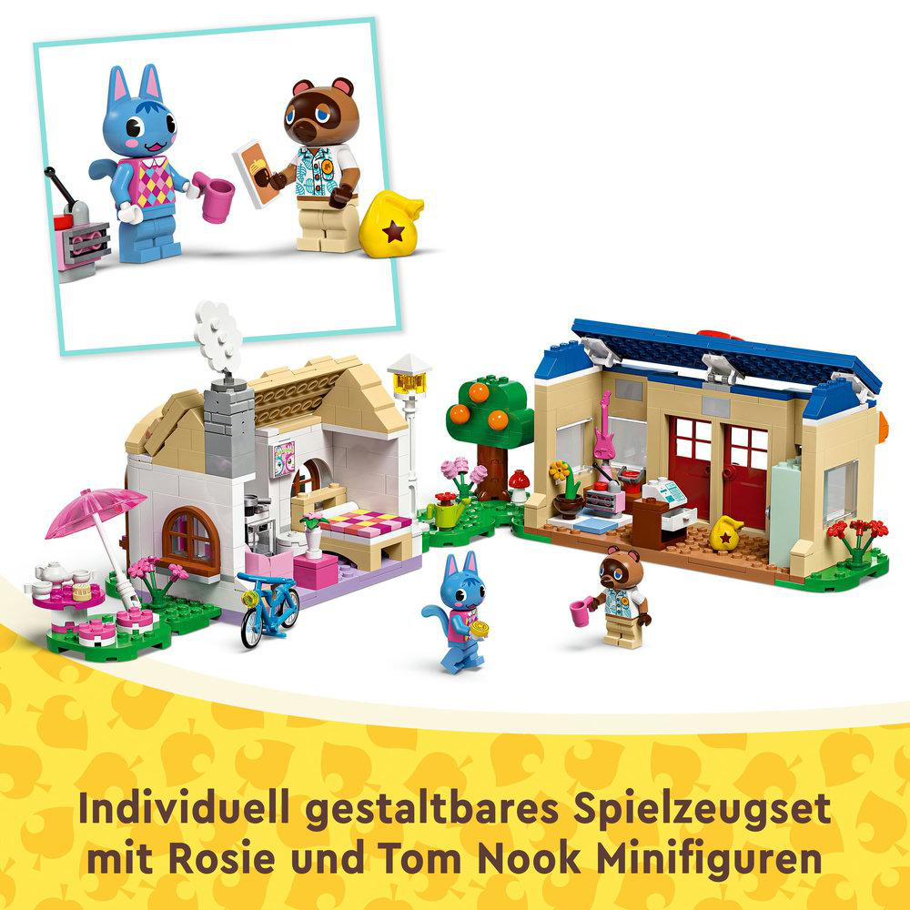 Animal Crossing Lego-Set mit Rosie und Tom Nook Minifiguren. Das Set ist farbenfroh.