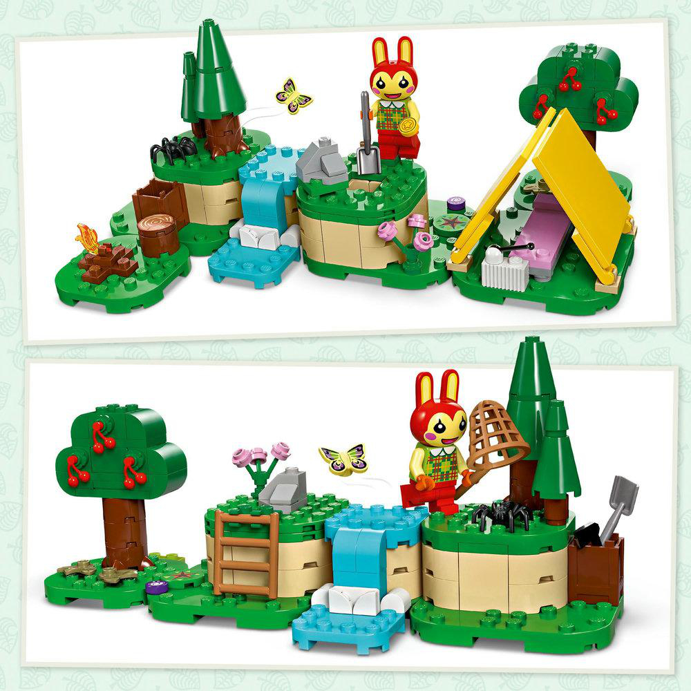 Zwei LEGO-Szenen mit Hasen und Naturelementen vor weißem Hintergrund.