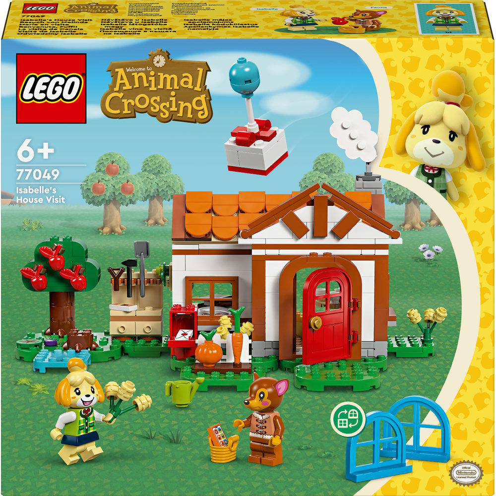 Lego Animal Crossing Set mit Haus, Figuren, Bäumen und Zubehör auf weißem Hintergrund.