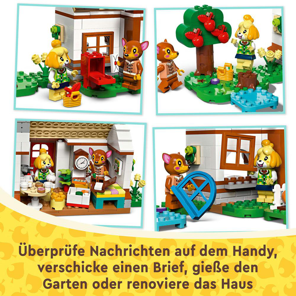 Vier Bilder von Lego-Sets werden mit Charakteren und Bauszenarien angezeigt.