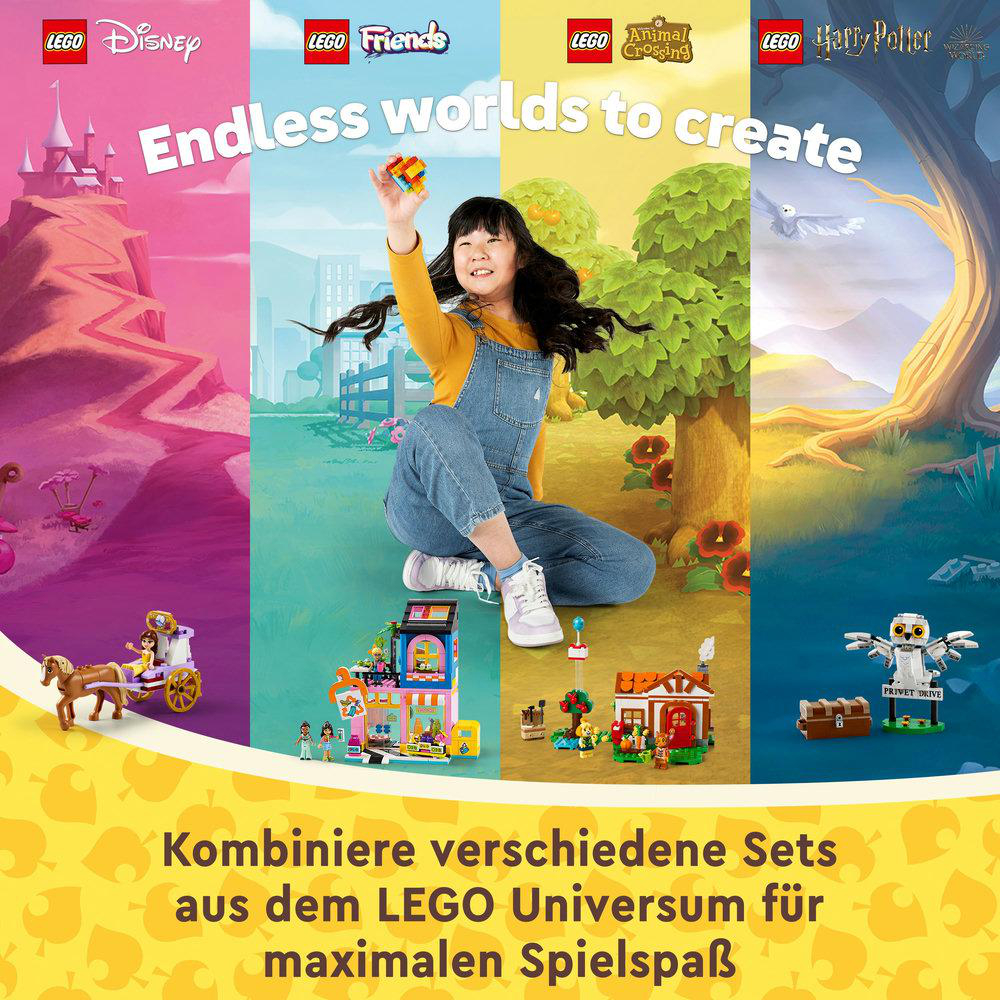 Eine LEGO-Anzeige mit verschiedenen Sets von Disney, Friends, Animal Crossing und Harry Potter. Ein Mädchen baut mit Blöcken.