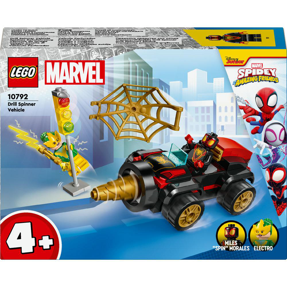 Lego Marvel Set mit Bohrfahrzeug und Figuren.