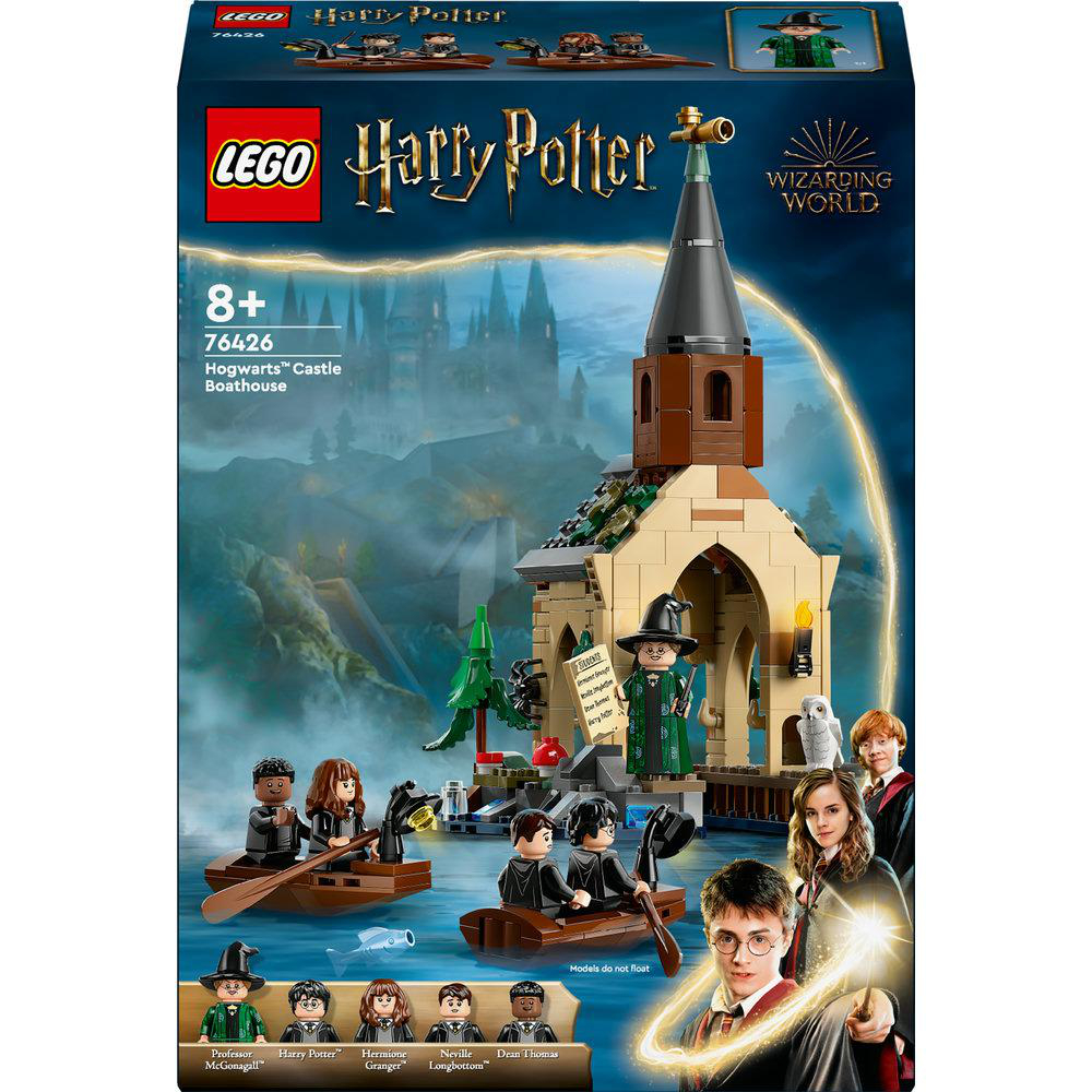 Lego Harry Potter Setbox mit Bootszene, Figuren und Hogwarts im Hintergrund.