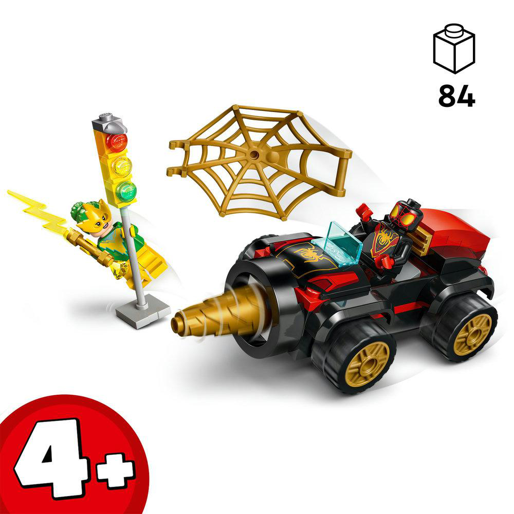 Lego-Set mit gelber Figur, Auto, Spinnennetz und Ampel. Der Hintergrund ist blau.