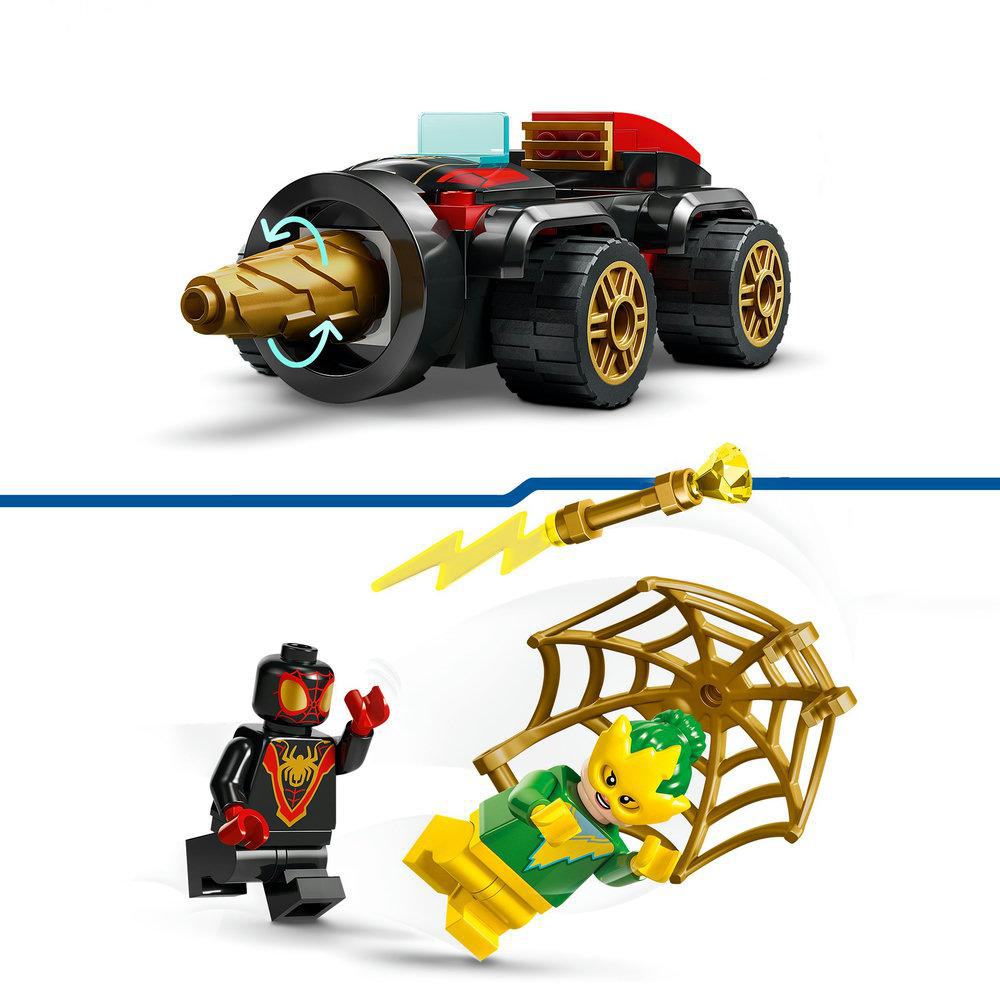 Lego-Set mit schwarzem Auto, zwei Minifiguren und Zubehör.