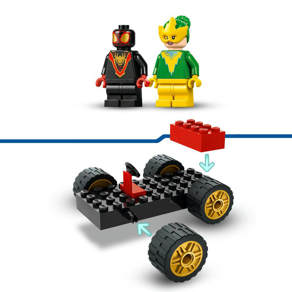 Lego-Figuren: Miles Morales und eine Frau. Darunter wird ein Auto mit schwarzen Steinen und goldenen Rädern gebaut.