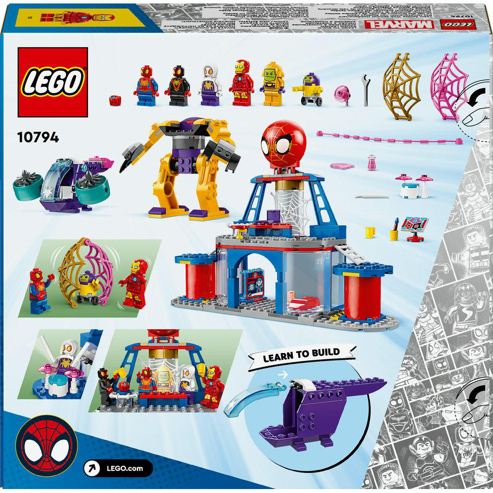 Lego-Box zeigt verschiedene Mini-Figuren, Baustrukturen und Fahrzeuge mit Spider-Man-Thema.