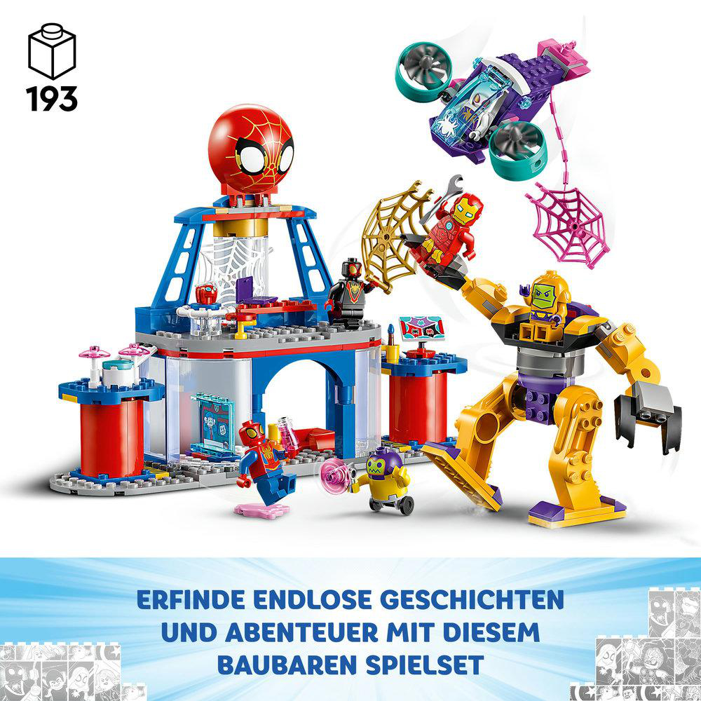 LEGO-Set mit Spider-Man, Iron Man und einem großen Roboter, mit Text unten.