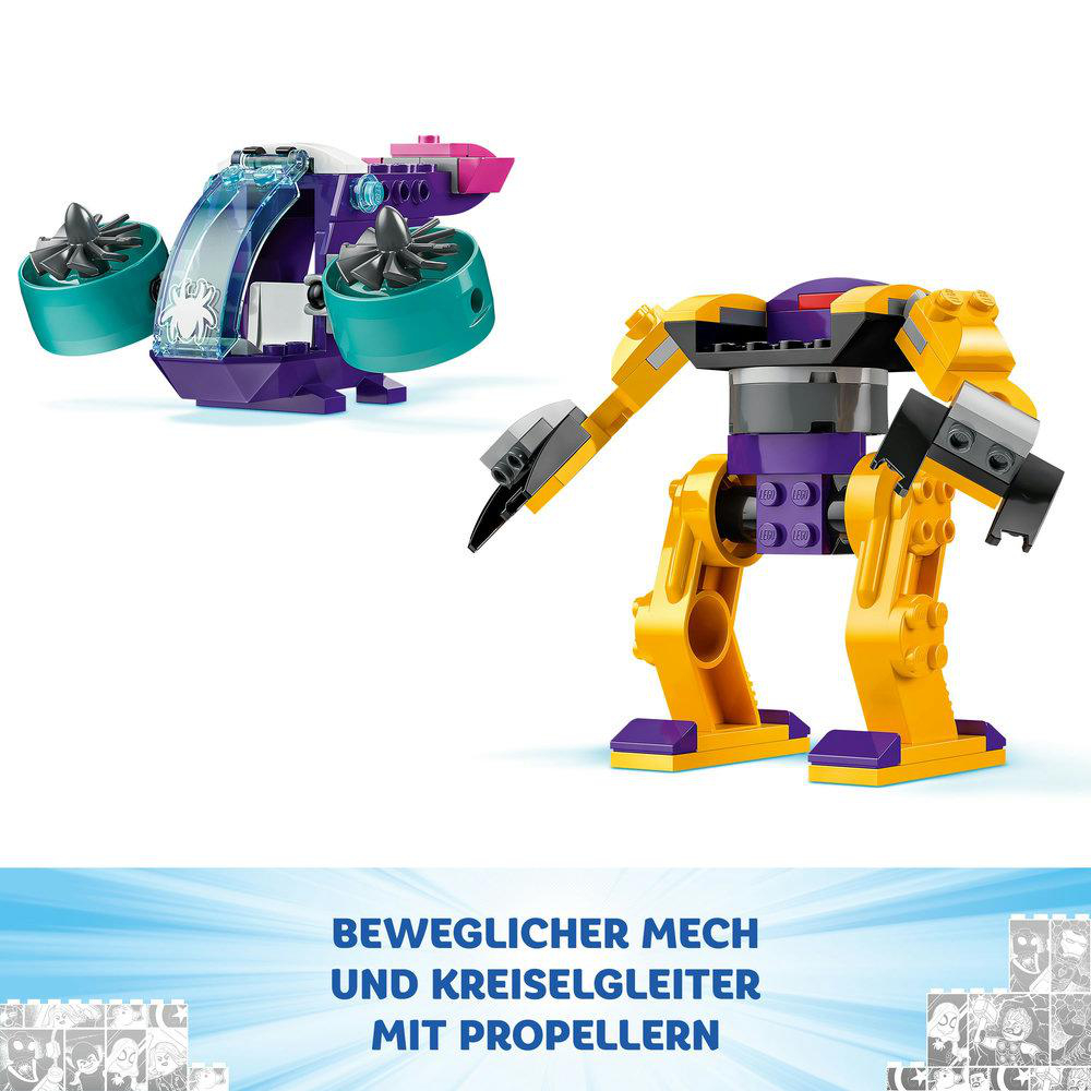 Lego-Set mit einem lila und türkis farbenen Fahrzeug und einem gelb-lila Mech, auf weißem Hintergrund.