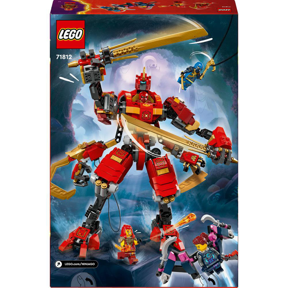 Lego Ninjago Set Box Art, mit einem roten Roboter, der Lego-Figuren bekämpft. Bunte und actiongeladene Szene.