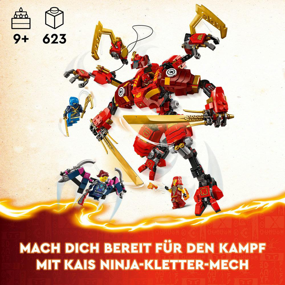 Ein rot-goldenes Mech-Spielzeug mit mehreren Ninja-Figuren und Waffen, vor gelbem Hintergrund.