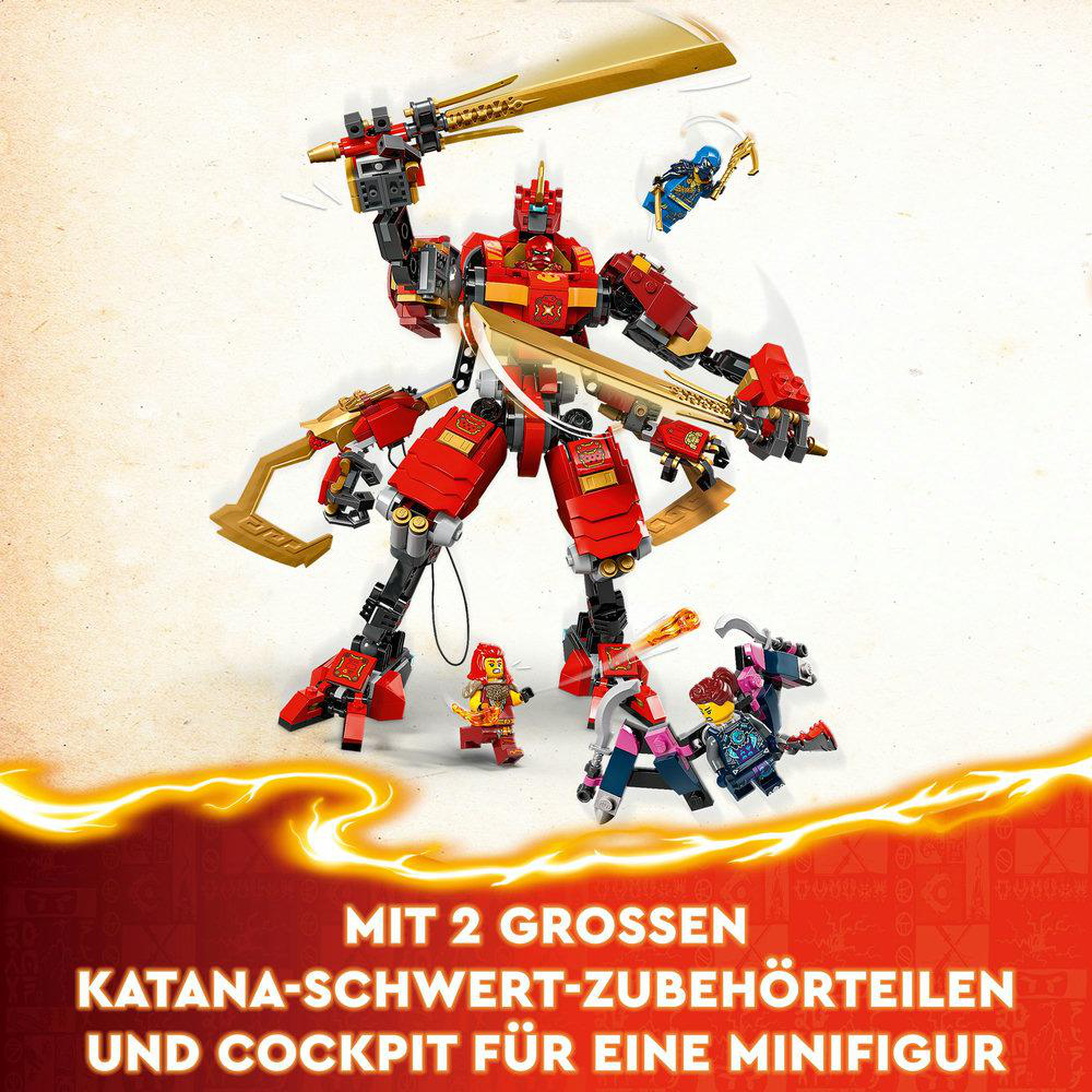 Lego Ninjago Set mit rotem Mech und Minifiguren. Das Set enthält zwei Katana-Schwerter.
