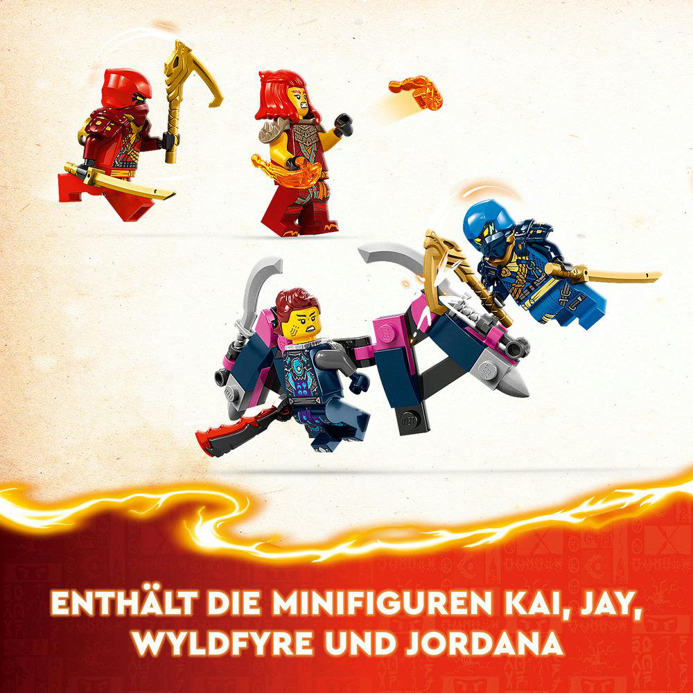 LEGO Ninjago Set mit vier Minifiguren in Action-Posen. Rote, gelbe und blaue Farben dominieren die Szene.
