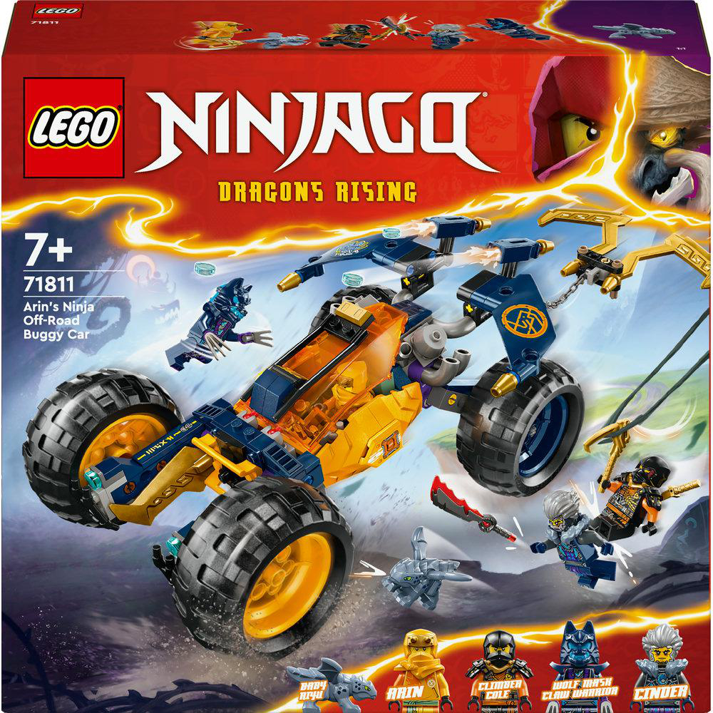 Lego Ninjago Set-Box. Zeigt einen Buggy, Ninja-Figuren und Drachen.