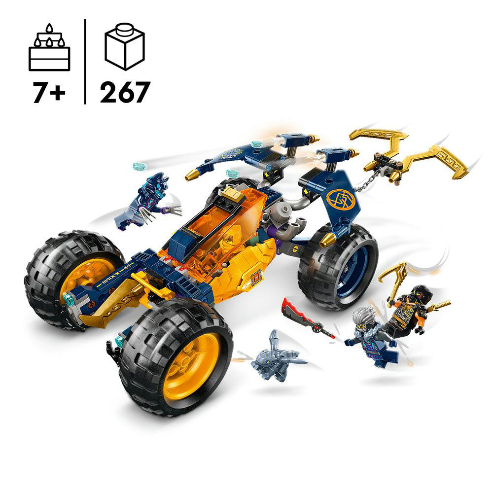 Lego Ninjago Set mit gelbem und blauem Fahrzeug, kleinen Figuren und verstreuten Legosteinen.
