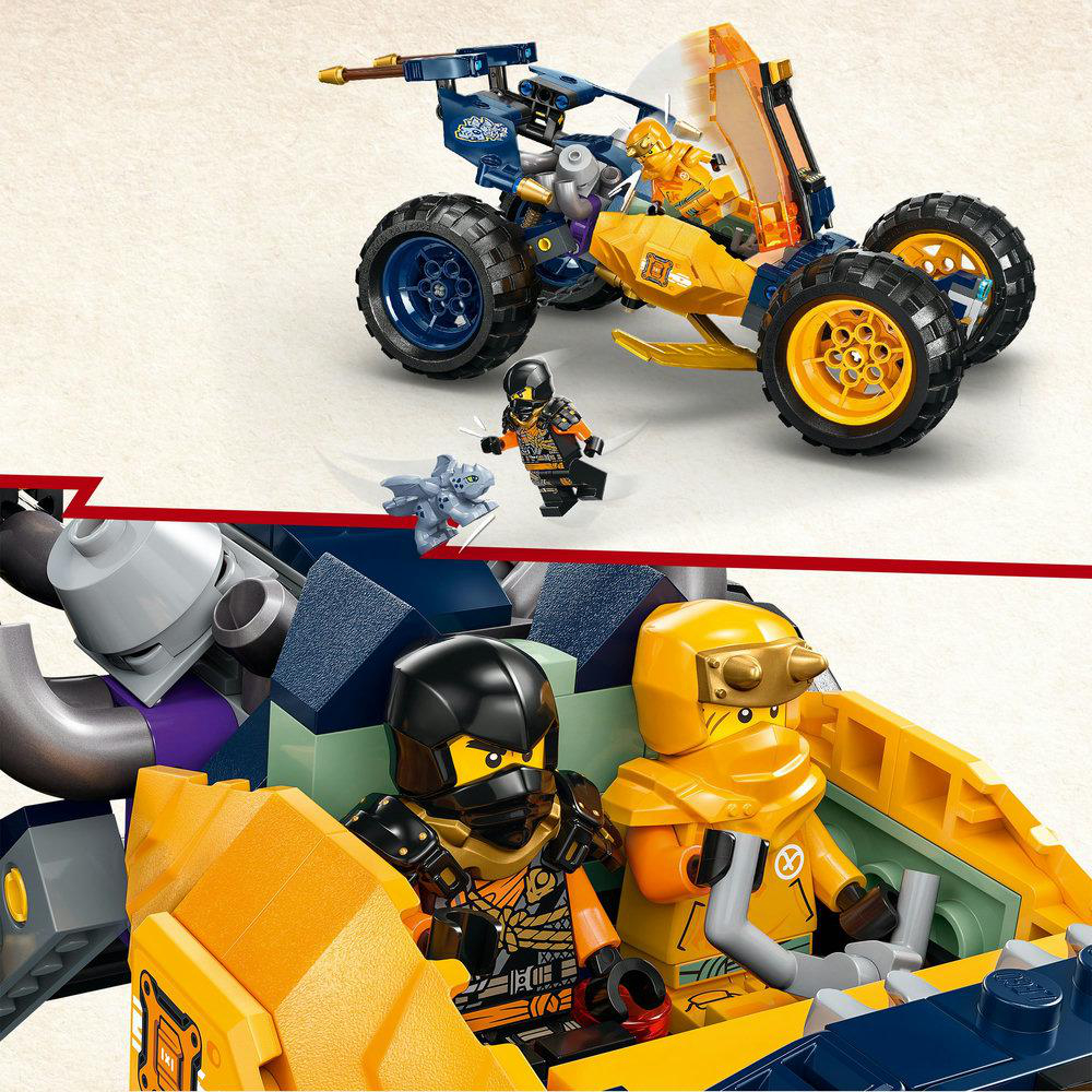 LEGO Ninjago Set mit Figuren und Fahrzeugen. Ein blauer und gelber Buggy und zwei Ninjago Figuren in Schwarz und Gelb.