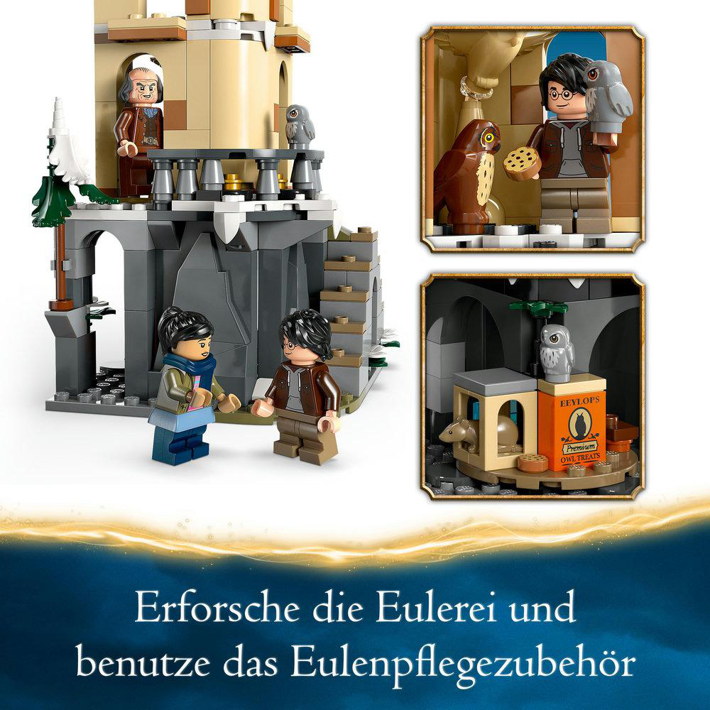 Lego Harry Potter Szene mit Figuren von Harry, Hermine und einem Gebäude.