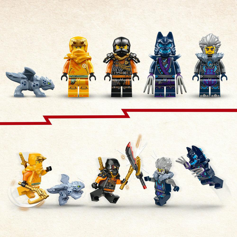 Lego Ninjago Figuren in Action-Posen. Enthält Ninja- und Drachenfiguren. Weißer Hintergrund.