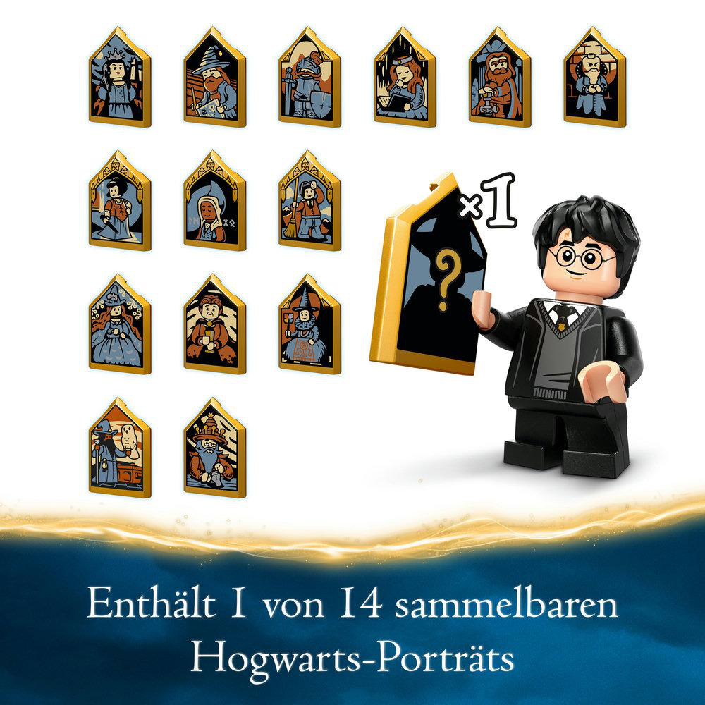 Lego Harry Potter Set mit 12 Porträts und einer Harry Potter Figur mit Fragezeichen-Kachel.