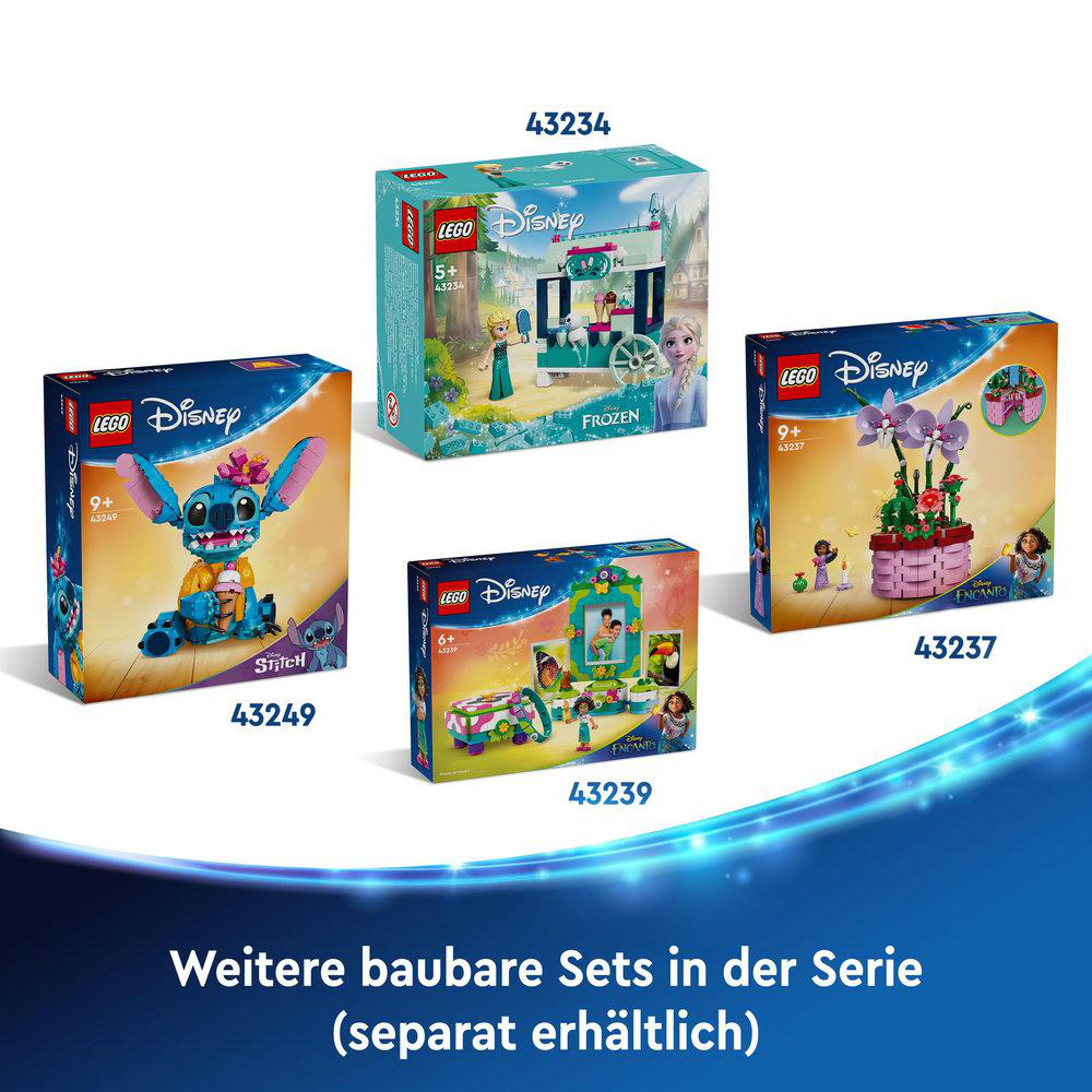 LEGO Disney Sets. Boxen beinhalten Stitch, Frozen und Encanto Themen, mit verschiedenen Figuren.