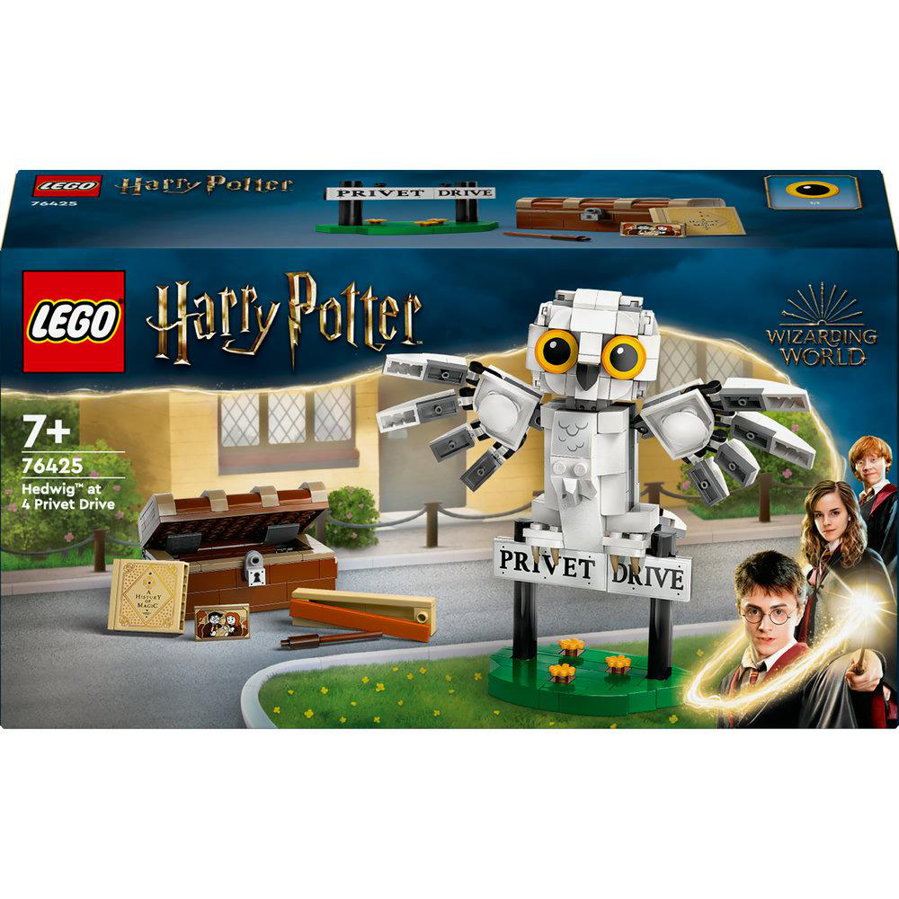 Lego Harry Potter Setbox zeigt eine große Eule, Harry Potter und Freunde und einen Koffer in der Ligusterweg.