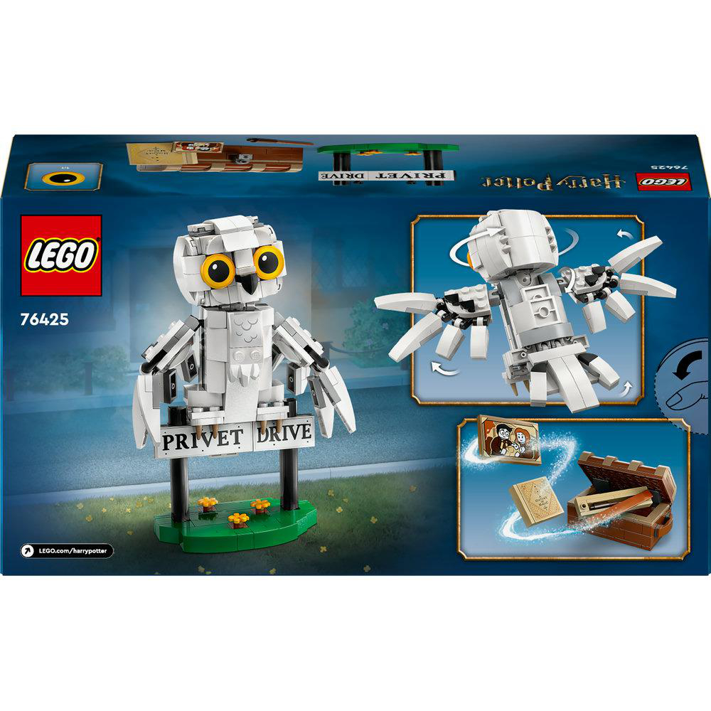 Lego Harry Potter Set, Eulenfigur, Schild und andere Komponenten auf einer Box.