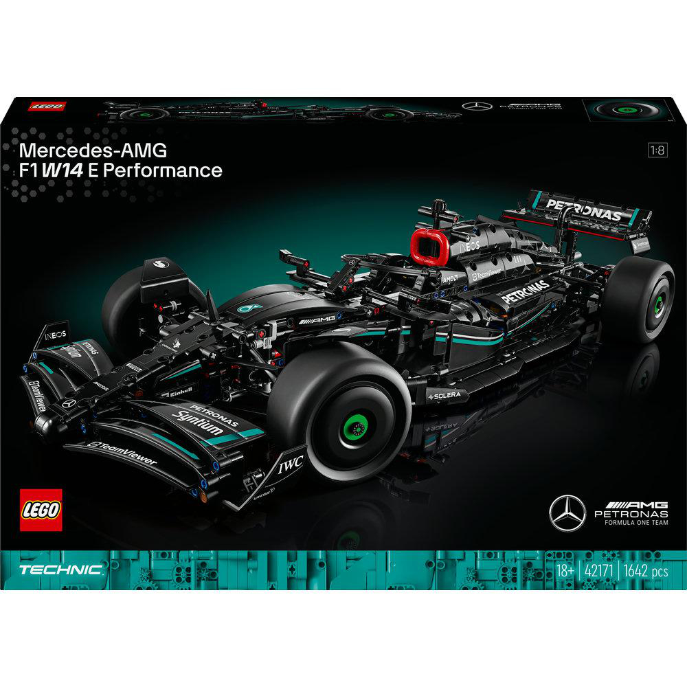Eine schwarze LEGO Mercedes-AMG F1 W14 E Performance Setbox. Zeigt einen schwarzen Rennwagen mit grünen und blauen Akzenten.