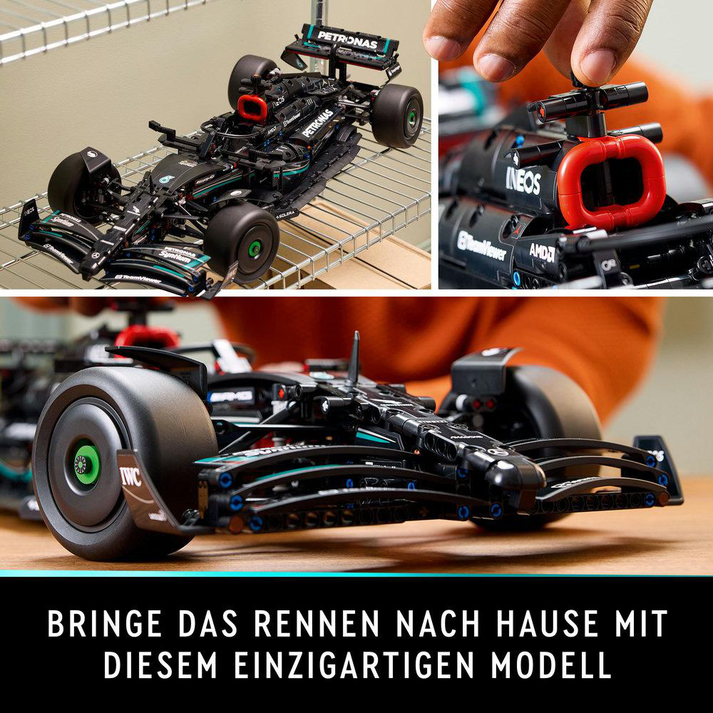 LEGO-Set mit einem Formel-1-Automodell mit schwarzem Hintergrund.